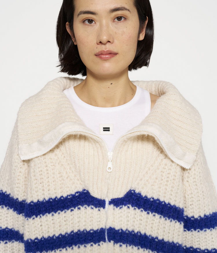 zip cardigan knit stripes | ecru/true blue