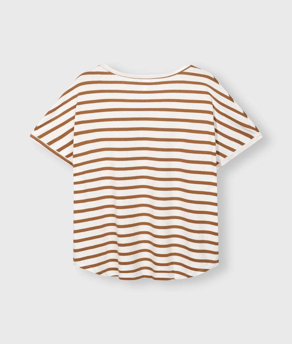 v-neck tee stripes | ecru/cedar brown