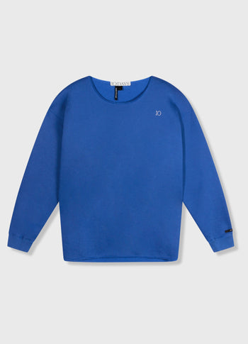 raw edge statement sweater | true blue