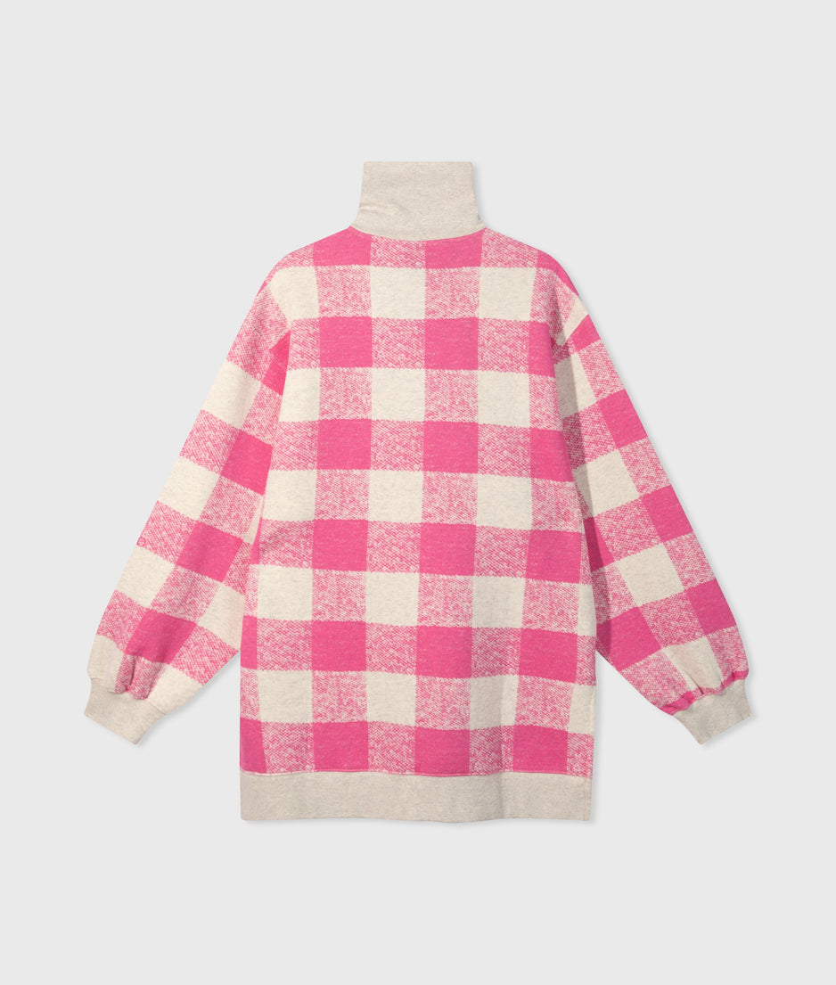 high neck zip sweater check | bright pink