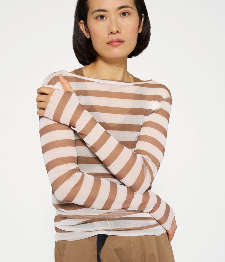 mesh tee stripe | ecru/cedar brown