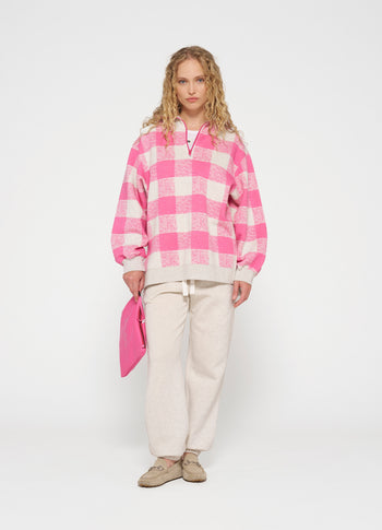 high neck zip sweater check | bright pink