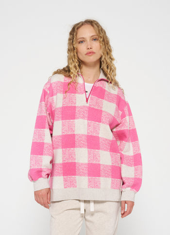 high neck zip sweater check | bright pink