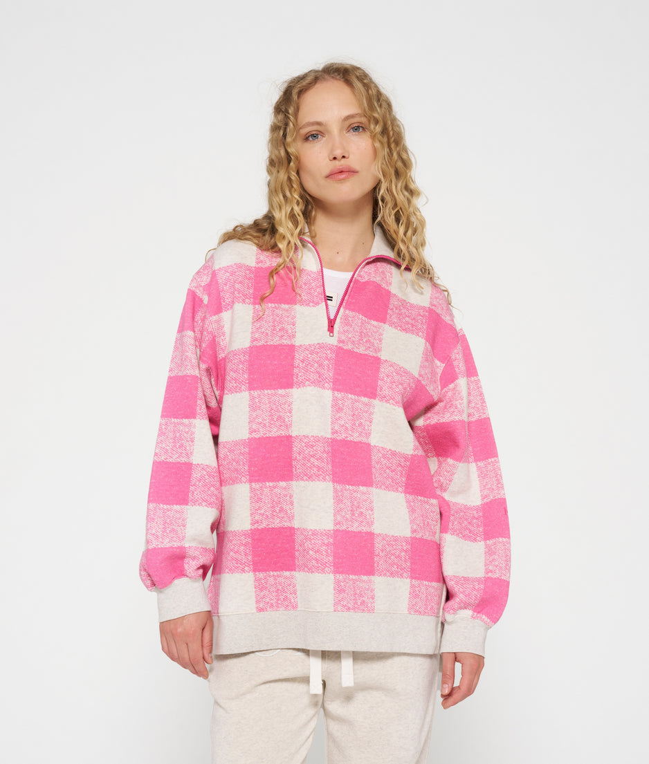 high neck zip sweater check | bright pink