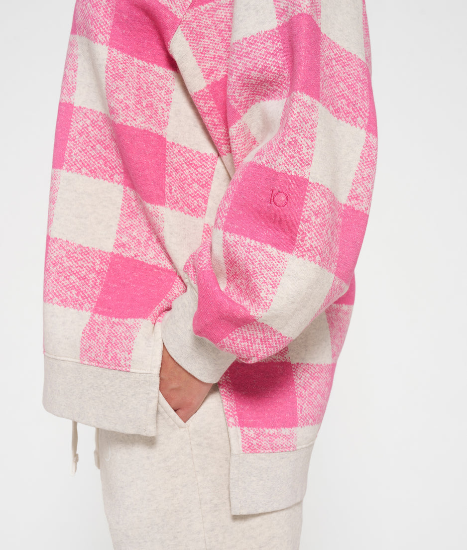 high neck zip sweater check | bright pink