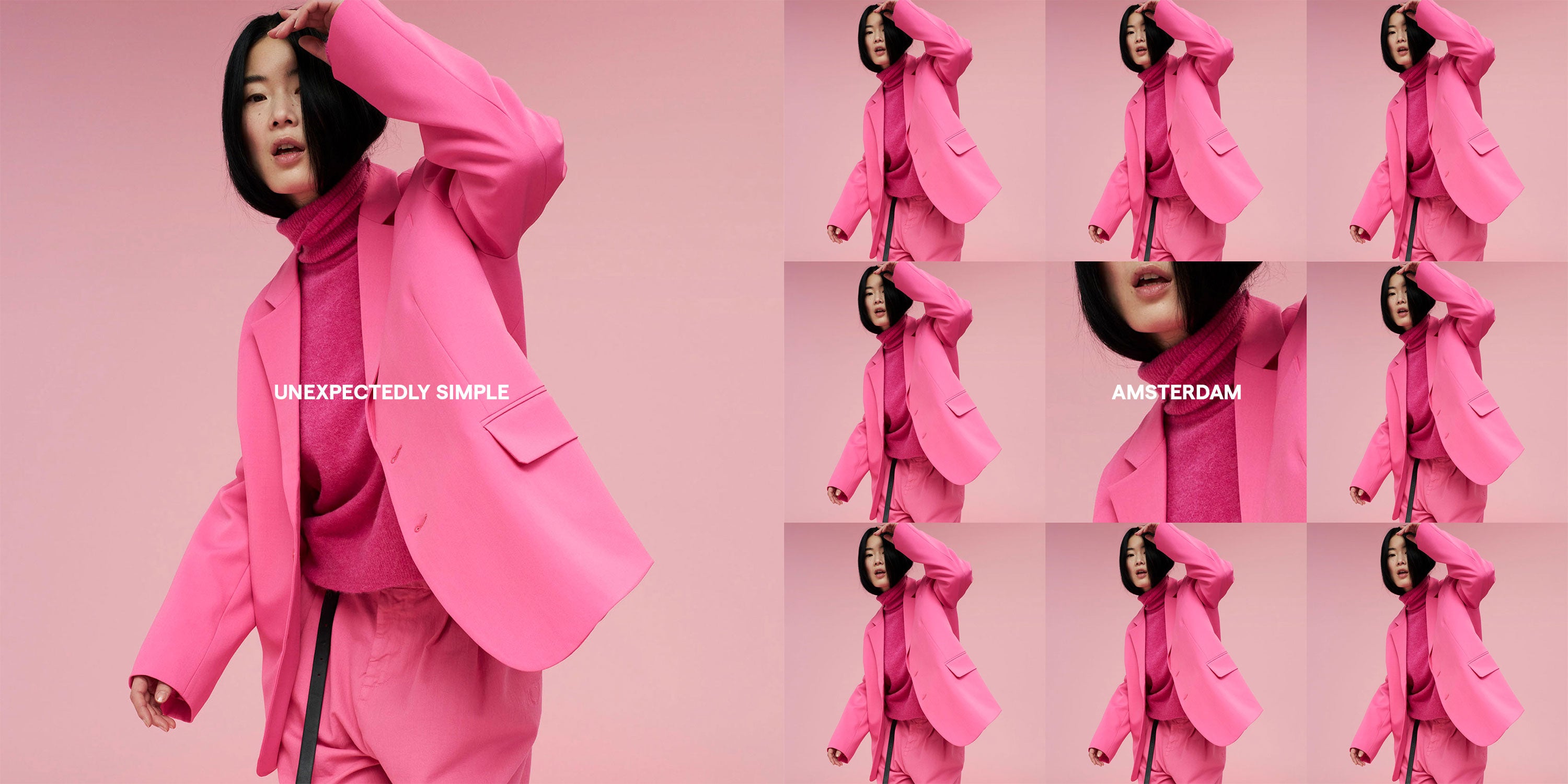 Power suiting in Pink: an all-bright pink suit with matching turtleneck knit sweater